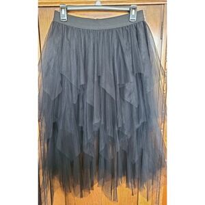 Black Tiered Tulle Handkerchief Hem Midi Skirt Elastic Waist Large